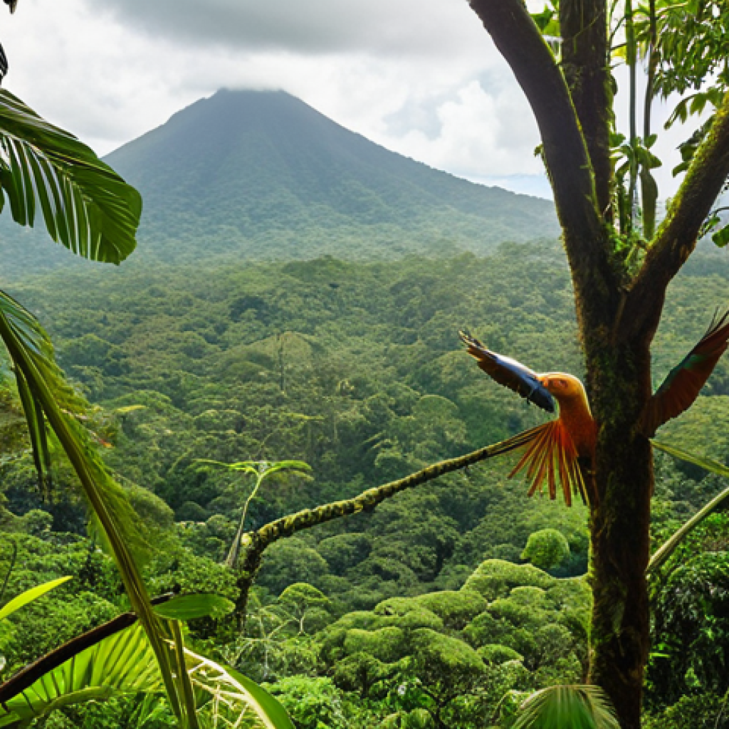 **The Verdant Visionaries' Legacy: Unarmed Nature's Embrace**
    A breathtaking panoramic view of a lush, vibrant Costa Rican rainforest, teeming with diverse wildlife. In the foreground, a tranquil scene features a slow-moving sloth in the canopy and a colorful bird (like a quetzal) perched on a branch. The atmosphere is serene and pristine, with rays of natural light filtering through the dense foliage, symbolizing a nation that has uniquely prioritized environmental protection and peace over military might. Subtle hints of well-integrated, sustainable eco-tourism infrastructure blend seamlessly into the background, showcasing the harmony between conservation and human development. High detail, vibrant natural colors, focus on biodiversity and tranquility.