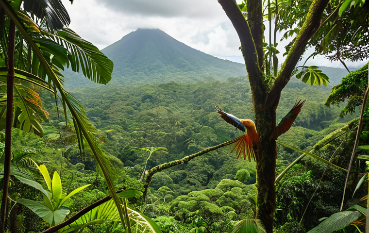 **The Verdant Visionaries' Legacy: Unarmed Nature's Embrace**
A breathtaking panoramic view of a lush, vibrant Costa Rican rainforest, teeming with diverse wildlife. In the foreground, a tranquil scene features a slow-moving sloth in the canopy and a colorful bird (like a quetzal) perched on a branch. The atmosphere is serene and pristine, with rays of natural light filtering through the dense foliage, symbolizing a nation that has uniquely prioritized environmental protection and peace over military might. Subtle hints of well-integrated, sustainable eco-tourism infrastructure blend seamlessly into the background, showcasing the harmony between conservation and human development. High detail, vibrant natural colors, focus on biodiversity and tranquility.