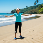 A professional individual, fully clothed in modest, appropriate activewear, stands on a golden sand beach along the Pacific coast of Costa Rica. The person is observing the calm, clear turquoise ocean waves under a bright, clear blue sky. Lush, distant palm trees line the background. perfect anatomy, correct proportions, natural pose, well-formed hands, proper finger count, professional photography, high quality, vibrant colors, clear focus, safe for work, appropriate content, professional, fully clothed.