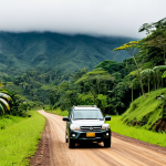 A professional traveler, fully clothed in modest, practical outdoor attire suitable for varying climates, is confidently driving a robust 4x4 SUV on a winding, unpaved dirt road in the Costa Rican countryside. The road transitions from a misty, lush cloud forest into a sun-drenched section, with a glimpse of a small, traditional village in the distance. The scene captures the essence of an adventurous road trip, showing the vehicle navigating the diverse terrain. The driver has perfect anatomy, correct proportions, and a natural pose, with well-formed hands on the steering wheel. The overall image is high-quality, professional photography, appropriate content, safe for work, and family-friendly, showcasing natural body proportions and proper finger count.