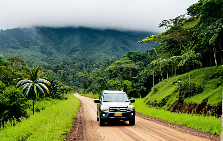 A professional traveler, fully clothed in modest, practical outdoor attire suitable for varying climates, is confidently driving a robust 4x4 SUV on a winding, unpaved dirt road in the Costa Rican countryside. The road transitions from a misty, lush cloud forest into a sun-drenched section, with a glimpse of a small, traditional village in the distance. The scene captures the essence of an adventurous road trip, showing the vehicle navigating the diverse terrain. The driver has perfect anatomy, correct proportions, and a natural pose, with well-formed hands on the steering wheel. The overall image is high-quality, professional photography, appropriate content, safe for work, and family-friendly, showcasing natural body proportions and proper finger count.