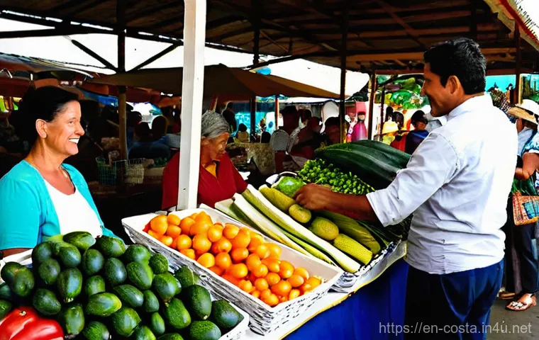코스타리카 환율과 화폐 사용법 - **Prompt 1: Vibrant Costa Rican "Feria" (Farmers' Market)**
A bustling outdoor farmers' market (...