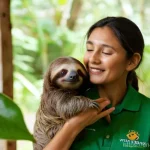 코스타리카 동물 보호구역 체험 - **A Tender Moment: Baby Sloth and Caretaker**
A heartwarming, photorealistic scene inside a lush...