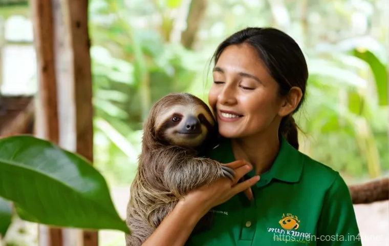 코스타리카 동물 보호구역 체험 - **A Tender Moment: Baby Sloth and Caretaker**
A heartwarming, photorealistic scene inside a lush...
