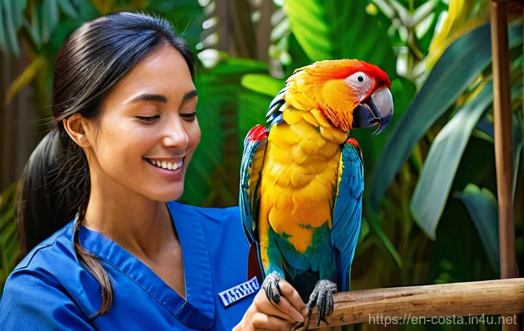 코스타리카 동물 보호구역 체험 - **A Tender Moment: Baby Sloth and Caretaker**
    A heartwarming, photorealistic scene inside a lush...