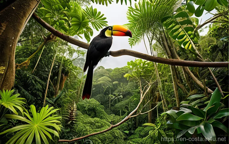 코스타리카 동물 보호구역 체험 - **Dedicated Care: Veterinarian and Rehabilitated Macaw**
    A vibrant, high-detail, photorealistic ...