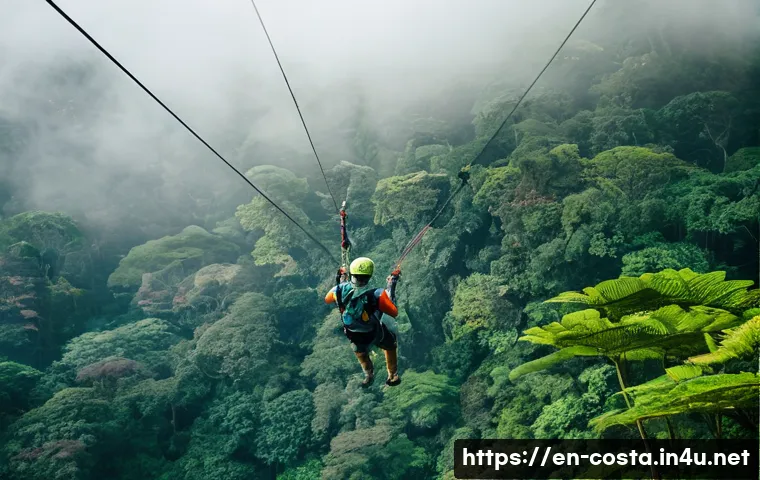 코스타리카 모험 스포츠 리스트 - **Prompt 1: Ziplining Through the Costa Rican Cloud Forest.**
"A thrilling wide-angle shot of a ...