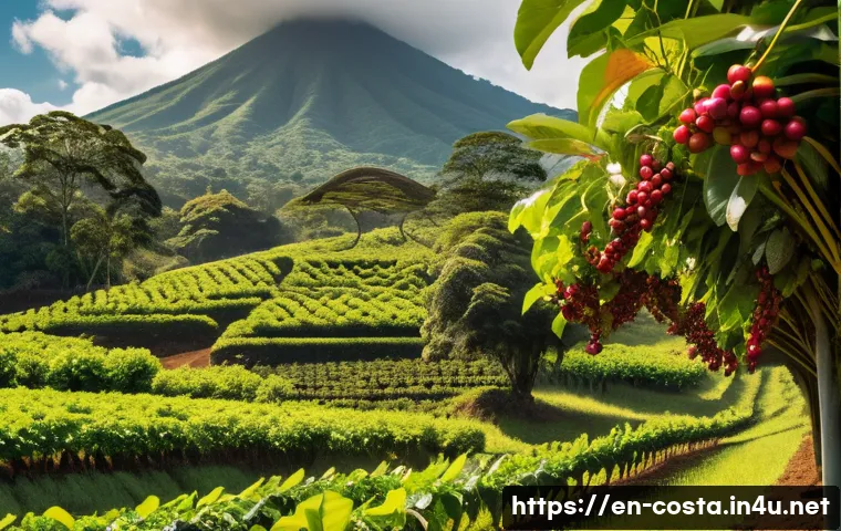 코스타리카 농업과 커피 산업 - A vibrant, detailed scene of a Costa Rican coffee farm blending tradition and modern innovation: far...