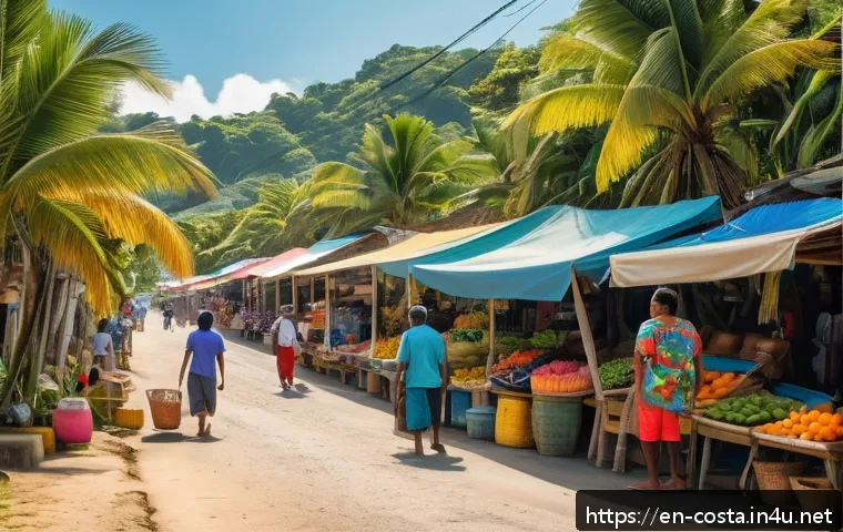 코스타리카 지역별 방언 차이 - A vibrant coastal village scene in Costa Rica, featuring local people speaking with elongated vowels...