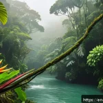 코스타리카 카리브해와 태평양 해변 비교 - A vibrant tropical rainforest scene on Costa Rica’s Caribbean coast during early morning light, show...