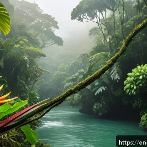 코스타리카 카리브해와 태평양 해변 비교 - A vibrant tropical rainforest scene on Costa Rica’s Caribbean coast during early morning light, show...