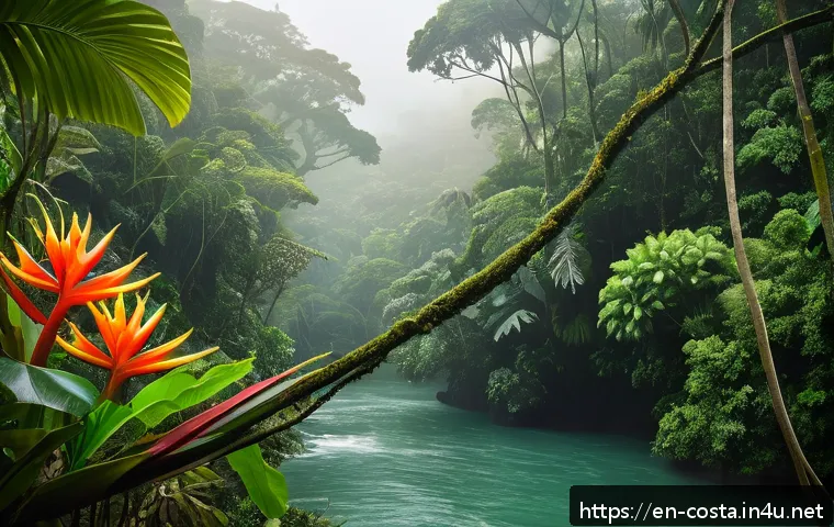 코스타리카 카리브해와 태평양 해변 비교 - A vibrant tropical rainforest scene on Costa Rica’s Caribbean coast during early morning light, show...