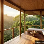 코스타리카 올인클루시브 리조트 추천 - A luxurious eco-friendly jungle resort scene at sunrise, featuring a spacious private terrace overlo...