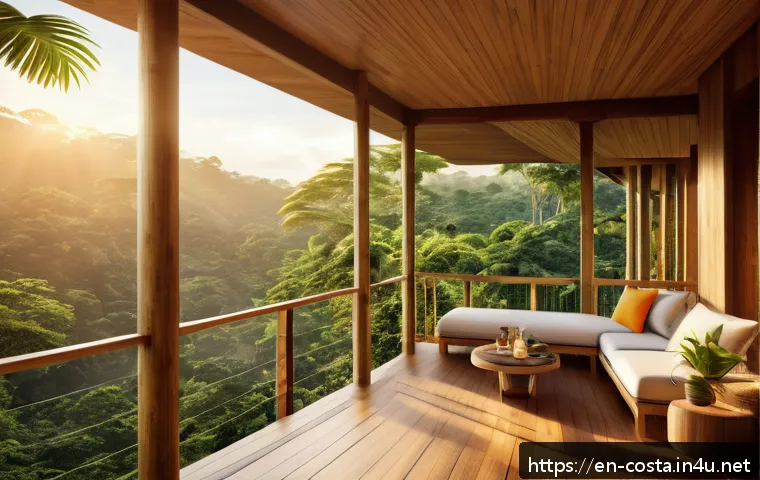 코스타리카 올인클루시브 리조트 추천 - A luxurious eco-friendly jungle resort scene at sunrise, featuring a spacious private terrace overlo...