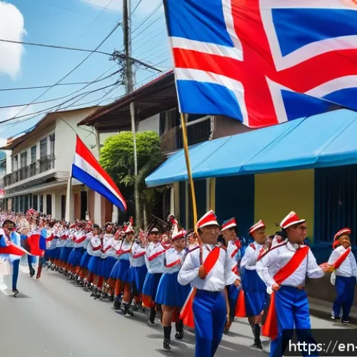 코스타리카 독립기념일 행사 - A vibrant Costa Rican Independence Day parade winding through a sunny town street, featuring local s...