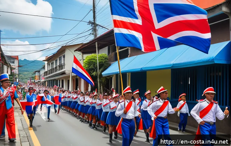 코스타리카 독립기념일 행사 - A vibrant Costa Rican Independence Day parade winding through a sunny town street, featuring local s...