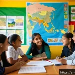 코스타리카 유학과 교육 제도 - A vibrant bilingual classroom scene in Costa Rica showing diverse international students and local c...