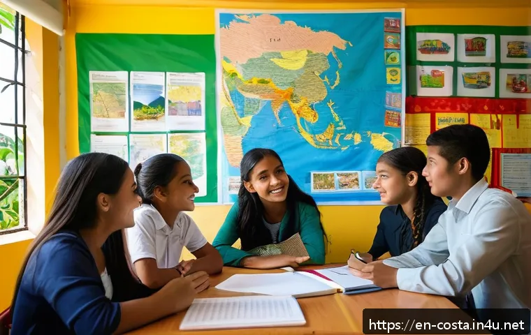 코스타리카 유학과 교육 제도 - A vibrant bilingual classroom scene in Costa Rica showing diverse international students and local c...