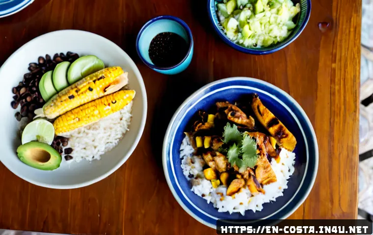 코스타리카 현지 음식 소개 - Photorealistic overhead food photography of a traditional Costa Rican casado lunch on a rustic woode...